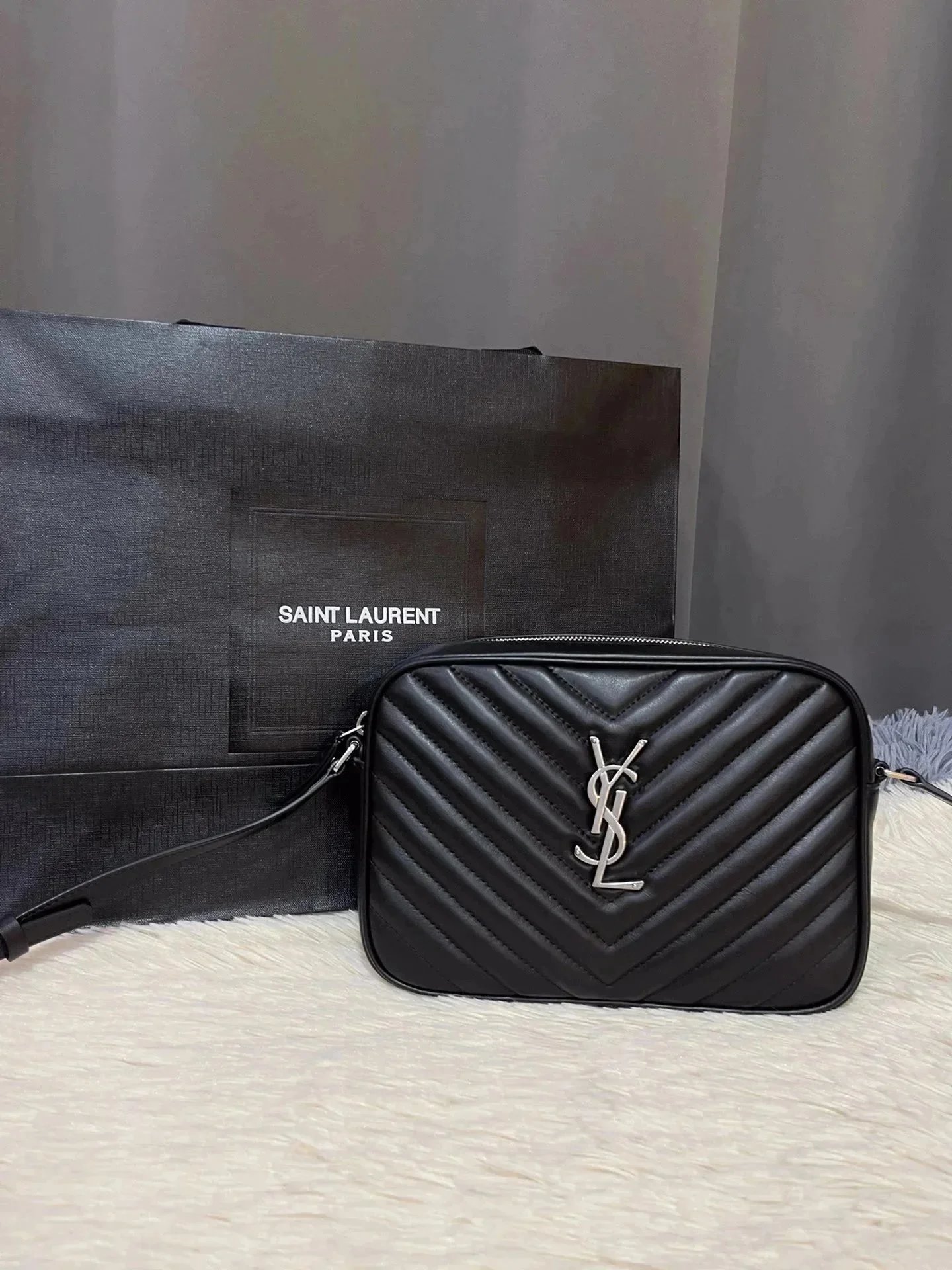 SAINT LAURENT Calfskin Matelasse Monogram Lou Camera Bag Black